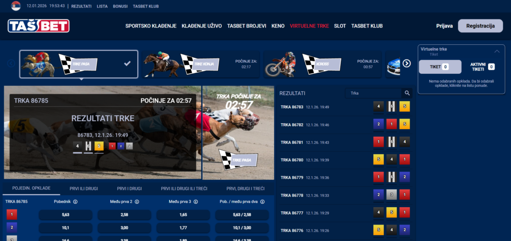 Tašbet klađenje na virtuelne trke u ponudi ima konjske trke, trke pasa, NASCAR automobilske trke i XCross moto trke
