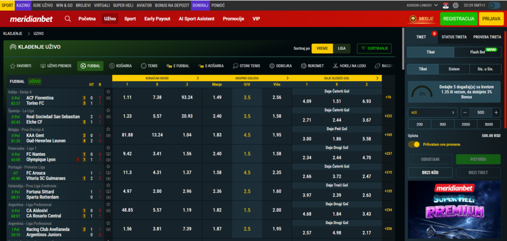 Meridian klađenje uživo