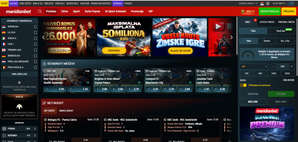 Meridianbet kladionica početna strana je previše nepregledna